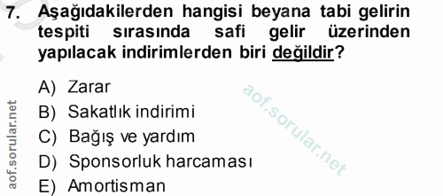 7. soru: Aşağıdakilerden hangisi beyana tabi gelirin tespiti sırasında safi gelir üzerinden yapılacak indirimlerden biri değil…