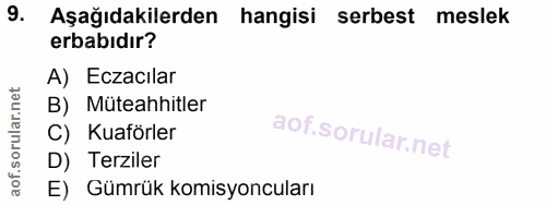 9. soru: Aşağıdakilerden hangisi serbest meslek erbabıdır? A) Eczacılar B) Müteahhitler C) Kuaförler D) Terziler E) Gümrük kom…