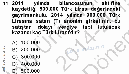 11. soru: 2011 yılında bilançosunun aktifine kaydettiği 500.000 Türk Lirası değerindeki gayrimenkulü, 2014 yılında 900.000 Türk…