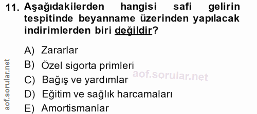 11. soru: Aşağıdakilerden| hangisi safi gelirin tespitinde beyanname üzerinden yapılacak indirimlerden biri değildir? A) Zararl…