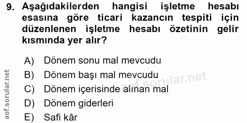 9. soru: Aşağıdakilerden hangisi işletme hesabı esasına göre ticari kazancın tespiti için düzenlenen işletme hesabı özetinin g…