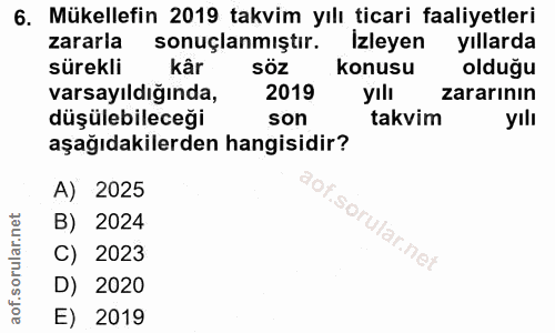 6. soru: Mükellefin 2019 takvim yılı ticari faaliyetleri zararla sonuçlanmıştir. İzleyen yıllarda sürekli kâr söz konusu olduğ…