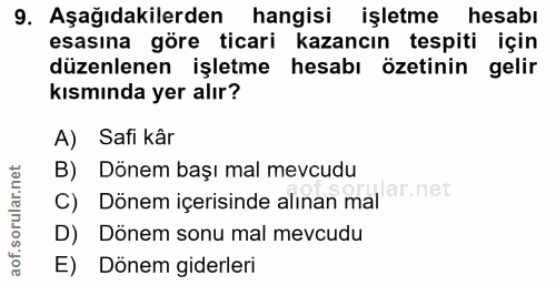 9. soru: Aşağıdakilerden hangisi işletme hesabı esasına göre ticari kazancın tespiti için düzenlenen işletme hesabı özetinin g…