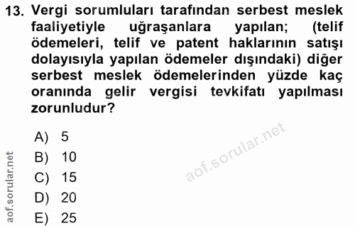 13. soru: Vergi sorumluları tarafından serbest meslek faaliyetiyle ugraşanlara yapılan; (telif ödemeleri, telif ve patent hakla…