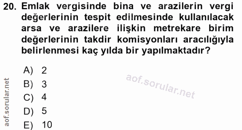 20. soru: Emlak vergisinde bina ve arazilerin vergi değerlerinin tespit edilmesinde kullanılacak arsa ve arazilere ilişkin metr…