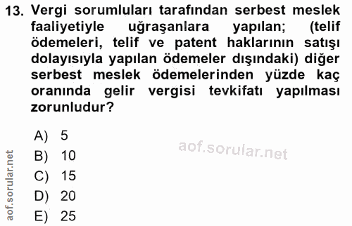 13. soru: Vergi sorumluları tarafından serbest meslek faaliyetiyle uğraşanlara yapılan; (telif ödemeleri, telif ve patent hakla…
