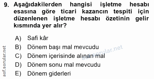 9. soru: Aşağıdakilerden hangisi işletme hesabı esasına göre ticari kazancın tespiti için düzenlenen işletme hesabı özetinin g…
