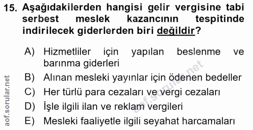15. soru: Aşağıdakilerden hangisi gelir vergisine tabi serbest meslek kazancının tespitinde indirilecek giderlerden biri değild…