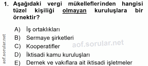 1. soru: Aşağıdaki vergi mükelleflerinden hangisi tüzel kişiliği olmayan kuruluşlara bir örnektir? A) İş ortaklıkları B) Serma…