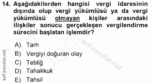 14. soru: Aşağıdakilerden hangisi vergi idaresinin dışında olup vergi yükümlüsü ya da vergi yükümlüsü olmayan kişiler arasındak…