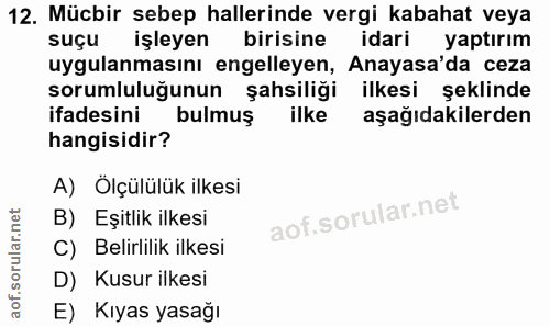 12. soru: Mücbir sebep hallerinde vergi kabahat veya suçu işleyen birisine idari yaptırım uygulanmasını engelleyen, Anayasa'da…