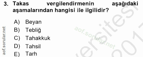 3. soru: Takas vergilendirmenin aşağıdaki aşamalarından hangisi ile ilgilidir? A) Beyan B) Teblig aof.so C) Tahakkuk CD.net, D…