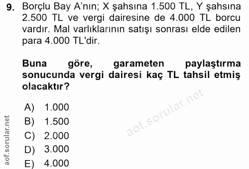 9. soru: Borçlu Bay A'nın; X şahsına 1.500 TL, Y şahsına 2.500 TL ve vergi dairesine de 4.000 TL borcu vardır. Mal varlıkların…