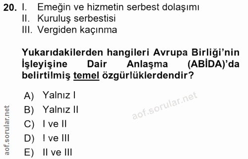 20. soru: I. Emeğin ve hizmetin serbest dolaşımı II. Kuruluş serbestisi III. Vergiden kaçınma Yukarıdakilerden hangileri Avrupa…