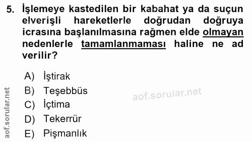 5. soru: İşlemeye kastedilen bir kabahat ya da suçun elverişli hareketlerle doğrudan doğruya icrasına başlanılmasına rağmen el…