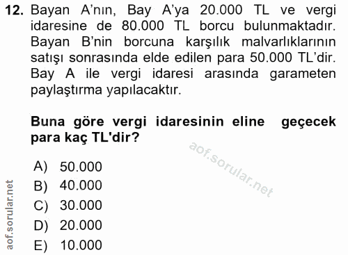 12. soru: Bayan A'nın, Bay A'ya 20.000 TL ve vergi idaresine de 80.000 TL borcu bulunmaktadır. Bayan B'nin borcuna karşılık mal…