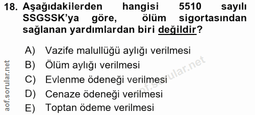 18. soru: Aşağıdakilerden hangisi 5510 sayılı SSGSSK'ya göre, ölüm sigortasından sağlanan yardımlardan biri değildir? A) Vazife…