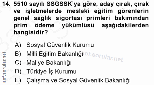 14. soru: 5510 sayılı SSGSSK'ya göre, aday çırak, çırak ve işletmelerde mesleki eğitim görenlerin genel sağlık sigortası primle…