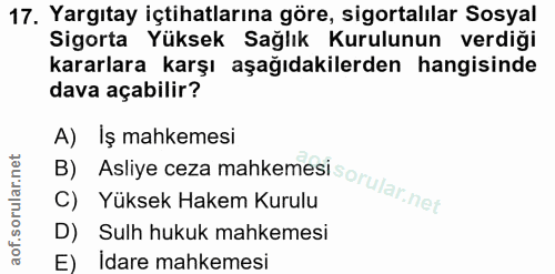 17. soru: Yargıtay içtihatlarına göre, sigortalılar Sosyal Sigorta Yüksek Sağlık Kurulunun verdiği kararlara karşı aşağıdakiler…