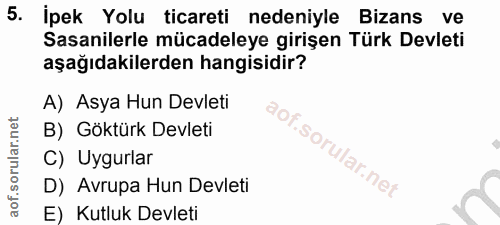 5. soru: İpek Yolu ticareti nedeniyle Bizans ve Sasanilerle mücadeleye girişen Türk Devleti aşağıdakilerden hangisidir? A) Asy…