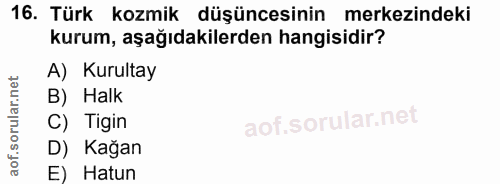 16. soru: Türk kozmik düşüncesinin merkezindeki kurum, aşağıdakilerden hangisidir? A) Kurultay B) Halk C) Tigin D) Kağan E) Hatun