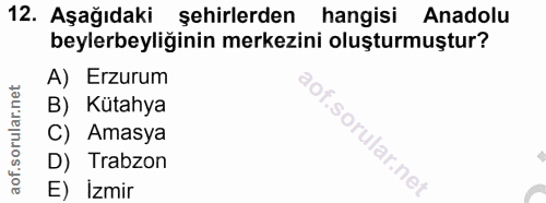 12. soru: Aşağıdaki şehirlerden hangisi Anadolu beylerbeyliğinin merkezini oluşturmuştur? A) Erzurum B) Kütahya C) Amasya i D)…