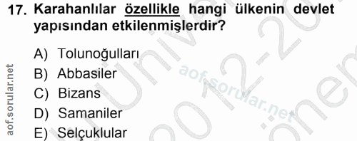 17. soru: Karahanlılar özellikle hangi ülkenin devlet yapısından etkilenmişlerdir? A) Tolunoğulları B) Abbasiler C) Bizans ar.n…