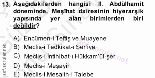 13. soru: Aşağıdakilerden hangisi ||. Abdülhamit döneminde, Meşîhat dairesinin hiyerarşik yapısında yer alan birimlerden biri d…