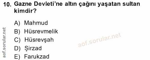 10. soru: Gazne Devleti'ne altın çağını yaşatan sultan kimdir? A) Mahmud B) Hüsrevmelik C) Hüsrevşah D) Şirzad E) Farukzad