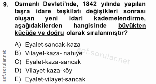 9. soru: Osmanlı Devleti'nde, 1842 yılında yapılan taşra idare teşkilatı değişikleri sonrası oluşan yeni idari kademelendirme,…