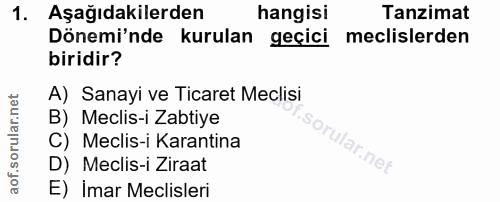 1. soru: Aşağıdakilerden hangisi Tanzimat Dönemi'nde kurulan geçici meclislerden biridir? A) Sanayi ve Ticaret Meclisi B) Mecl…