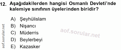 12. soru: Aşağıdakilerden hangisi Osmanlı Devleti'nde kalemiye sınıfının üyelerinden biridir? A) Şeyhülislam B) Nişancı C) Müde…