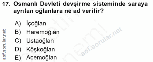 17. soru: Osmanlı Devleti devşirme sisteminde saraya ayrılan oğlanlara ne ad verilir? A) Içoğlan B) Haremoğlan C) Ustaoğlan D)…