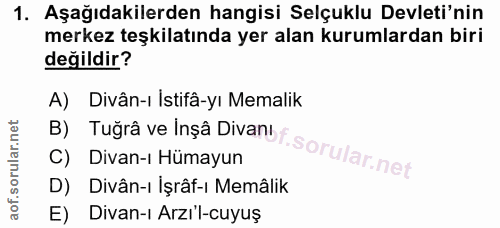 1. soru: Aşağıdakilerden hangisi Selçuklu Devleti'nin merkez teşkilatında yer alan kurumlardan biri değildir? B) Tuğrâ ve Inșâ…