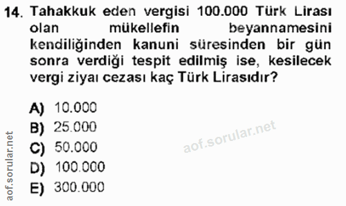 14. soru: Tahakkuk eden vergisi 100.000 Türk Lirası olan mükellefin beyannamesini kendiliğinden kanuni süresinden bir gün sonra…