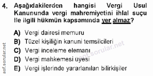 4. soru: Aşağıdakilerden hangisi Vergi Usul Kanununda vergi mahremiyetini ihlal suçu ile ilgili hükmün kapsamında yer almaz? A…