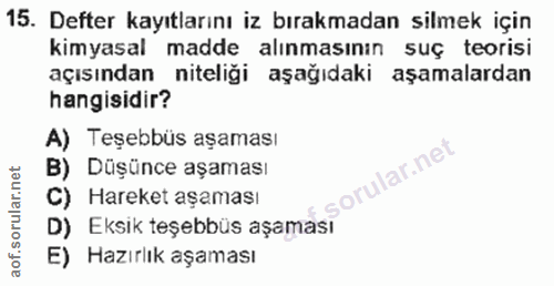 15. soru: Defter kayıtlarını iz bırakmadan silmek için kimyasal madde alınmasının suç teorisi açısından niteliği aşağıdaki aşam…