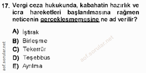 17. soru: Vergi ceza hukukunda, kabahatin hazırlık ve icra hareketleri başlanılmasına ragmen neticenin gerceklesmemesine ne ad…