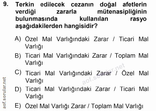 9. soru: Terkin edilecek cezanın doğal afetlerin verdiği zararla mütenasipliğinin bulunmasında kullanılan rasyo aşağıdakilerde…