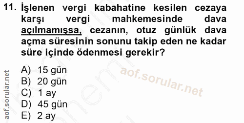 11. soru: İşlenen vergi kabahatine kesilen cezaya karşı vergi mahkemesinde dava açılmamışsa, cezanın, otuz günlük dava açma sür…