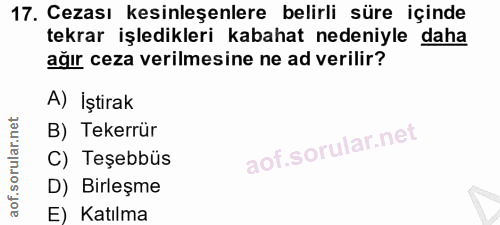 17. soru: Cezası kesinleşenlere belirli süre içinde tekrar işledikleri kabahat nedeniyle daha ağır ceza verilmesine ne ad veril…