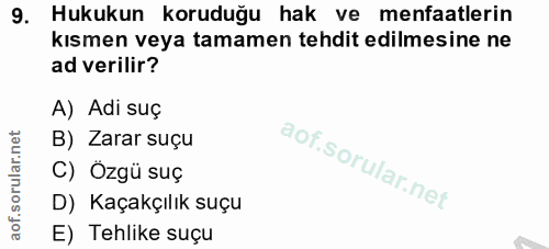 9. soru: Hukukun koruduğu hak ve menfaatlerin kısmen veya tamamen tehdit edilmesine ne ad verilir? A) Adi suç B) Zarar suçu C)…