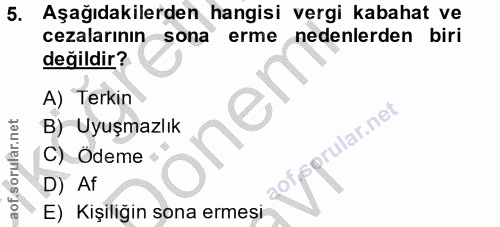 5. soru: Aşağıdakilerden hangisi vergi kabahat ve cezalarının sona erme nedenlerden biri değildir? A) Terkin B) Uyuşmazlık spr…