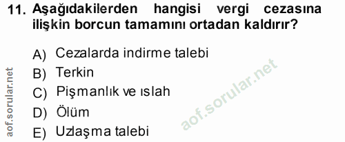 11. soru: Aşağıdakilerden hangisi vergi cezasına ilişkin borcun tamamını ortadan kaldırır? A) Cezalarda indirme talebi B) Terki…