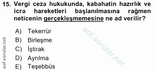 15. soru: Vergi ceza hukukunda, kabahatin hazırlık ve icra hareketleri başlanılmasına rağmen neticenin gerçeklesmemesine ne ad…