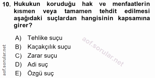 10. soru: Hukukun koruduğu hak ve menfaatlerin kısmen veya tamamen tehdit edilmesi aşağıdaki suçlardan hangisinin kapsamına gir…