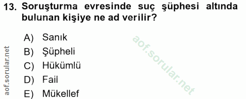 13. soru: Soruşturma evresinde suç şüphesi altında bulunan kişiye ne ad verilir? A) Sanık B) Şüpheli C) Hükümlü D) Fail E) Müke…