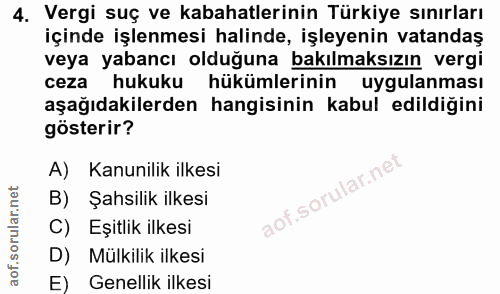 4. soru: Vergi suç ve kabahatlerinin Türkiye sınırları içinde işlenmesi halinde, işleyenin vatandaş veya yabancı olduğuna bakı…