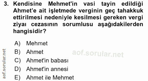 3. soru: Kendisine Mehmet'in vasi tayin edildiği Ahmet'e ait işletmede verginin geç tahakkuk ettirilmesi nedeniyle kesilmesi g…