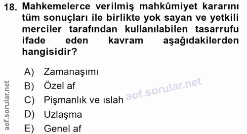 18. soru: Mahkemelerce verilmiş mahkûmiyet kararını tüm sonuçları ile birlikte yok sayan ve yetkili merciler tarafından kullanı…